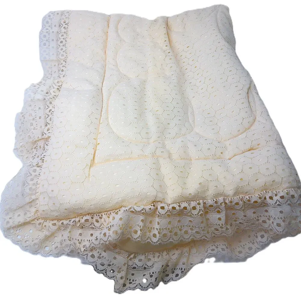 Vtg Jack Turk Quilted Eyelet Lace Baby Blanket Cream Satin Back ILGWU